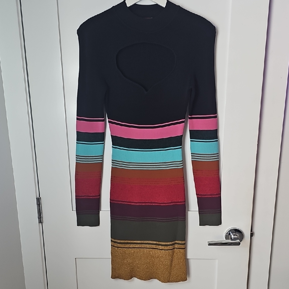 STAUD Clara Striped Cutout Long Sleeve Dress Size M